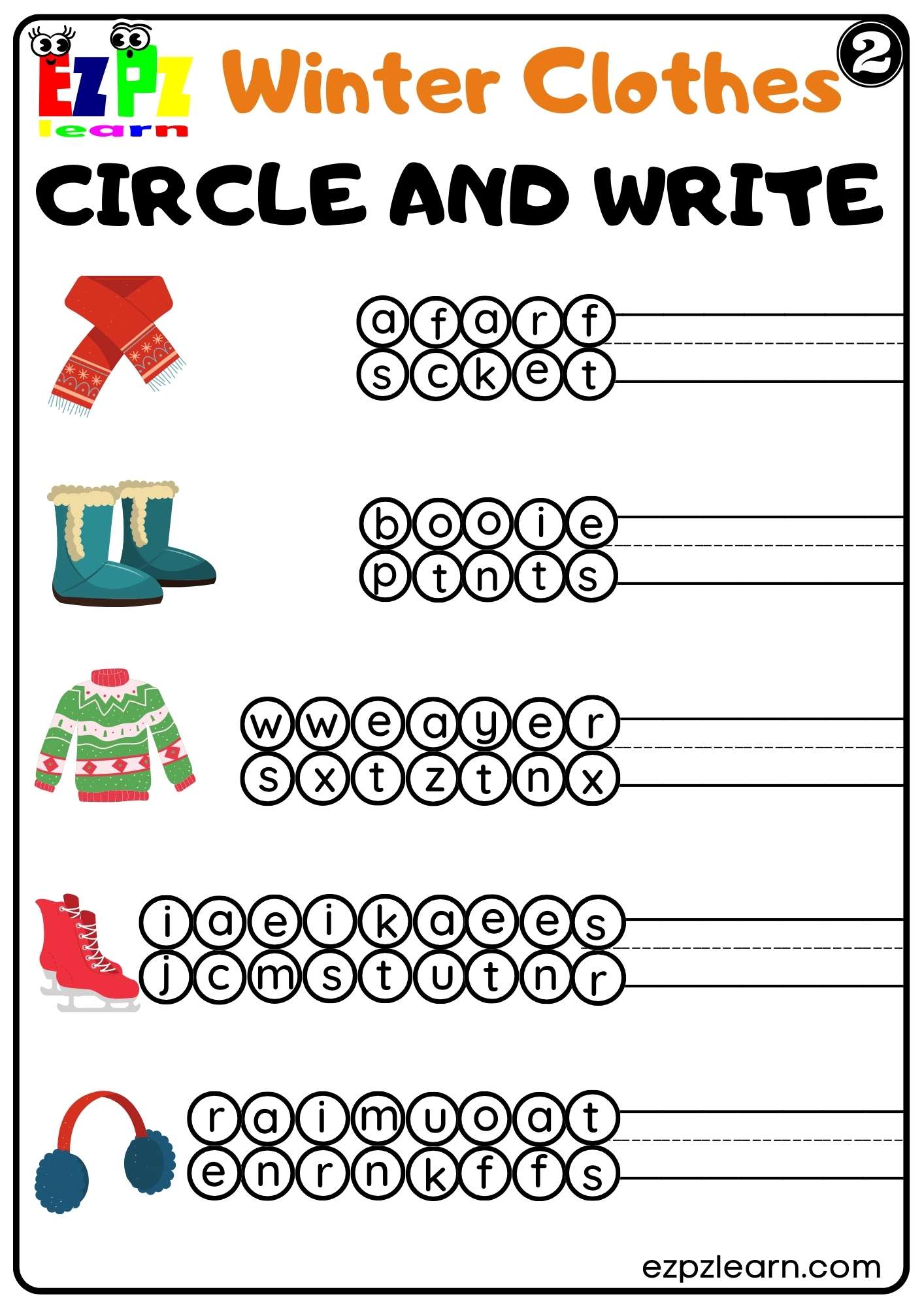 Winter Clothes Circle and Write Worksheet for K5 and ESL PDF Download Set 2